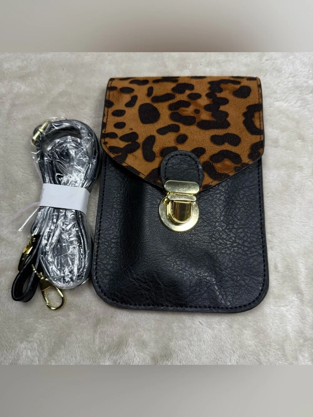 Leopard Flap Crossbody Phone Bag - Black & Brown